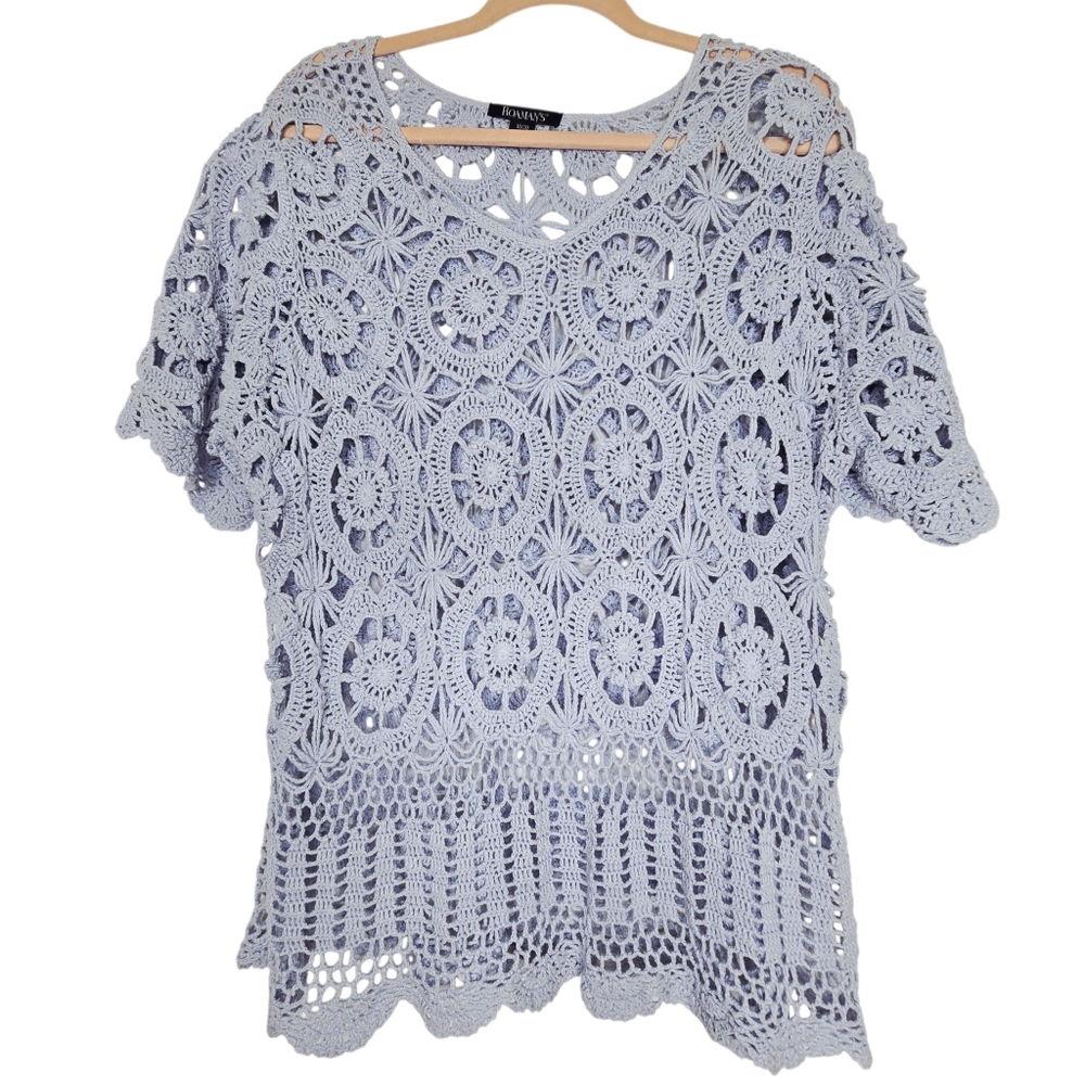Roamans blue crochet Open Knit Top